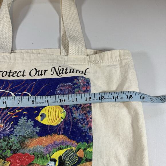 Vintage 90s Sea life Fish Ocean Eco Friendly Printed Canvas Tote Bag - Cream OS - Picture 8 of 10